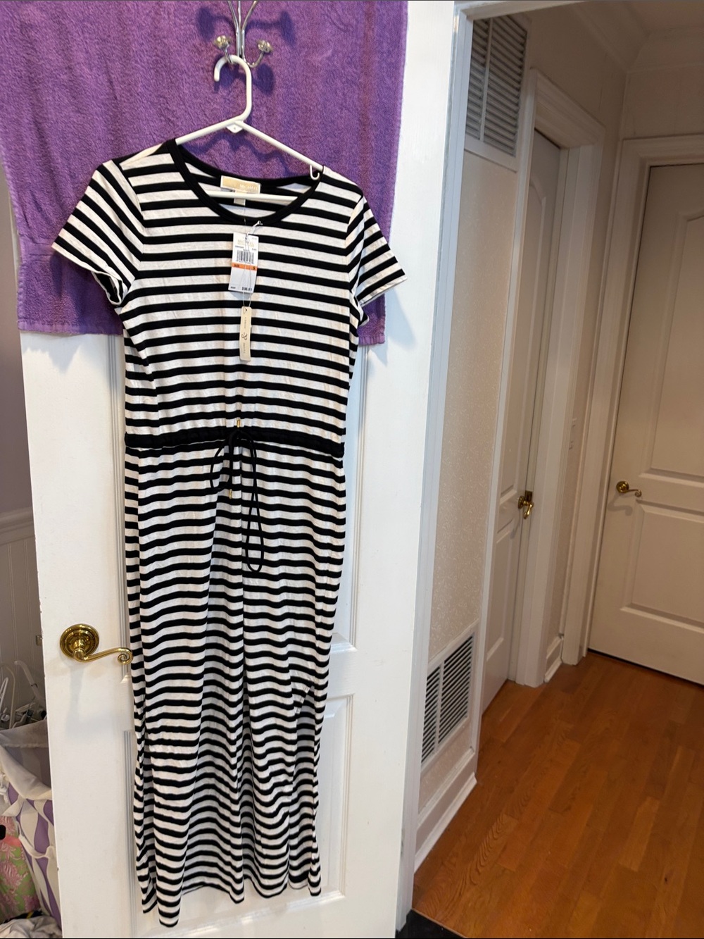 NWT MICHAEL Michael Kors Black and White Striped Drawstring Waist Maxi Dress